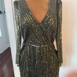 Mac Duggal Sequin & Mesh Metallic Mini Dress 14 L XL Deep V Plunge Long Sleeve